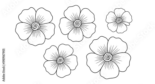 Flower line icons set with delicate spiral centers, outlined petals and elegant botanical doodle style for stickers and design
