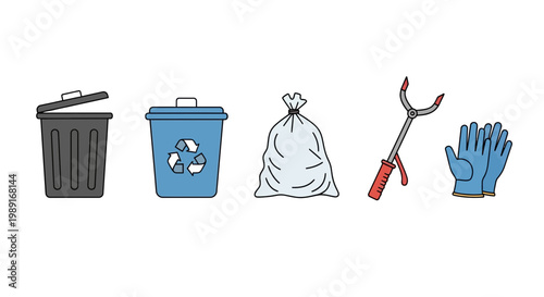 Clean waste management collection recycling bins bag tongs and gloves