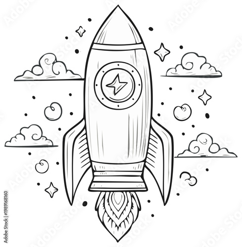 Cartoon rocket launching into space with stars and clouds black and white coloring page illustration
