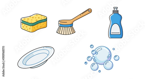 Cleaning supplies collection sponge brush soap plate and bubbles illustration