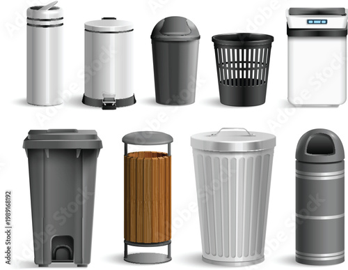 Realistic chrome steel dustbin collection for indoor and outdoor vector