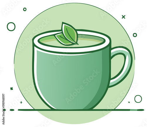 Green tea in a mug with mint leaves and decorative elements