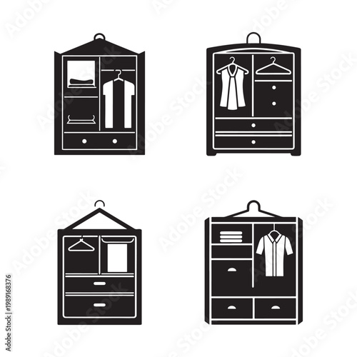 Four black and white icons of wardrobes with hanging clothes and drawers  various clothing storage options