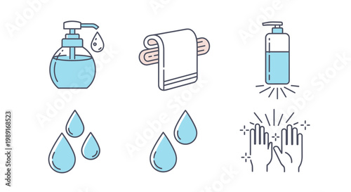 Hygiene and cleanliness icons set hand sanitizer towel and water drops