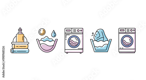 Laundry process icons detergent soaking washing machine and cleaning