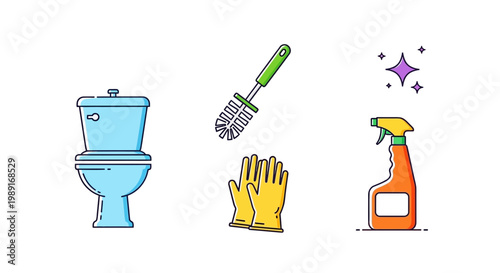 Illustrated cleaning supplies toilet brush gloves spray bottle icons
