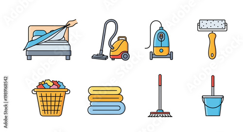 Housekeeping icons set bed vacuum roller laundry and cleaning