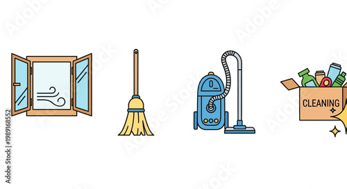 House cleaning icons window broom vacuum cleaner and box of products
