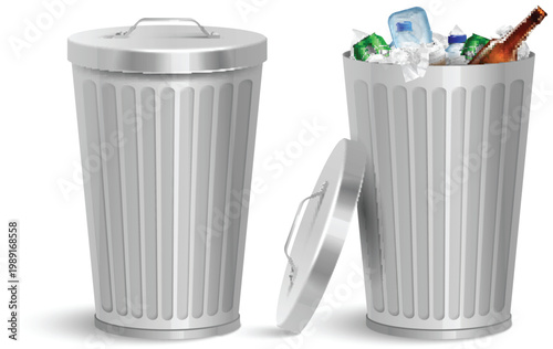 Set of metal waste bins with different lids and designs vector