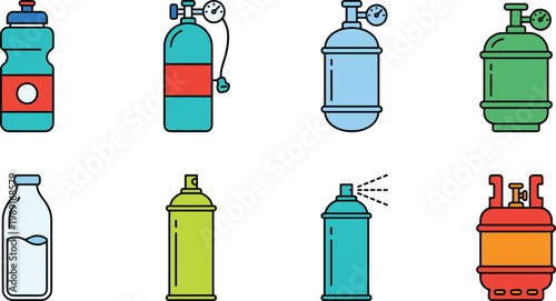 Gas Cylinder, Spray Can, and Bottle Icon Set with Industrial and Household Containers for Storage, Fuel, Aerosol Use, and Safety Equipment Design