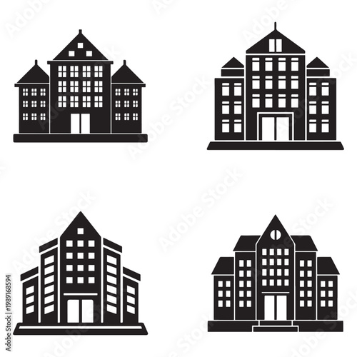 Four black and white illustrations of different building facades with windows and doors  architectural designs
