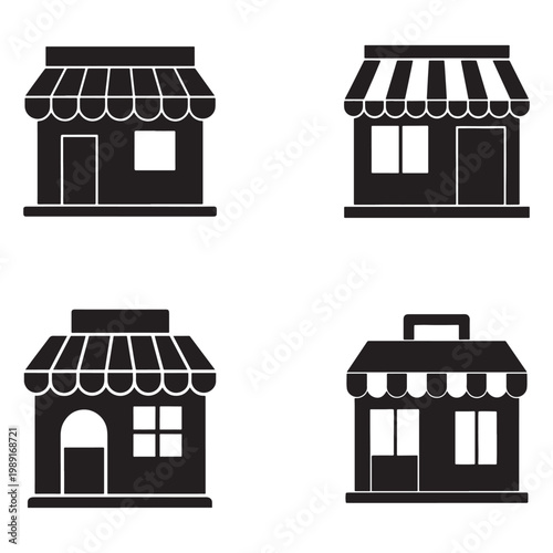 Four black and white illustrations of storefronts with awnings and various window and door configurations  business facades with striped and scalloped canopies