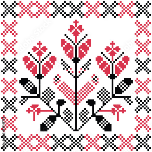 Symmetric floral pixel embroidery pattern