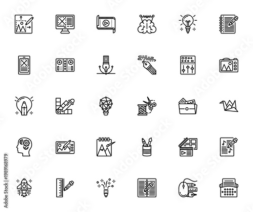 Creative icon set. Vector illustration pack featuring image editing, web design, video editing, brainstorm, idea, smartphone, photography and more. Editable stroke.