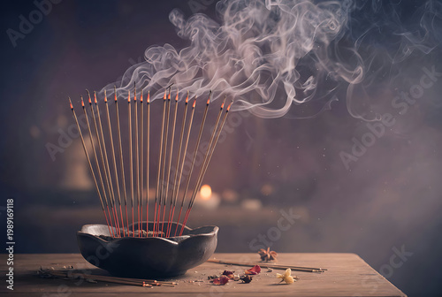 Incense Sticks Burning Emitting Smoke In Bowl With Spices On Wooden Table Atmospheric Lighting