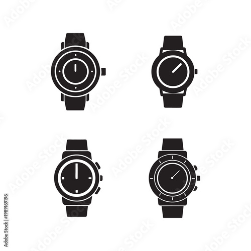 Four black and white watch illustrations with different clock hands and watch bands  isolated on white background