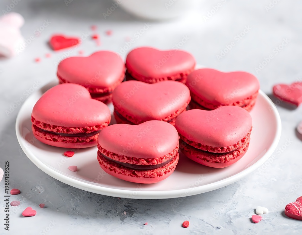 Fototapeta premium A plate of pink heart-shaped macarons on a white plate