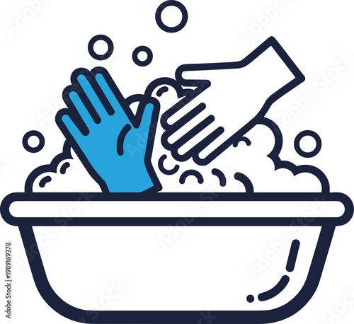 Laundry basin icon showing blue hands washing clothes with soapy foam for domestic hygiene and manual fabric care routine.