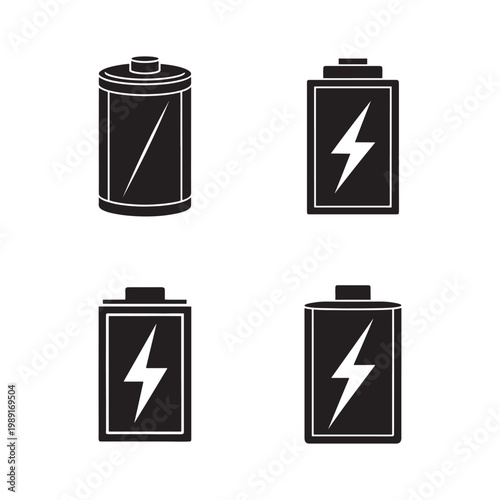 Four black battery icons with lightning bolts on white background for power and energy concepts  battery symbols for charging and electricity