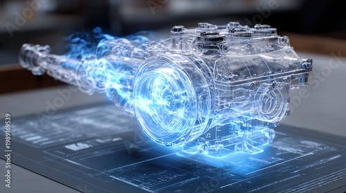 Futuristic holographic engine blueprint with glowing blue energy and technical schematics