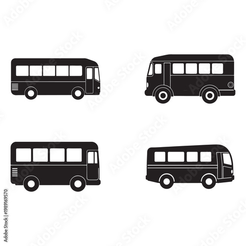 Four black bus silhouettes in different angles and positions  side views of vehicles for transportation and travel concepts