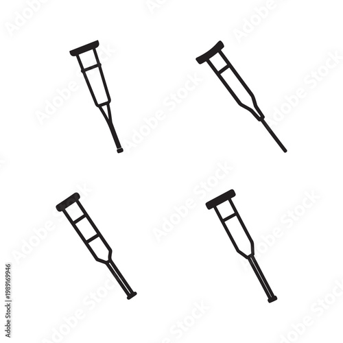 Four black crutches icons in different positions  medical support aids for walking  isolated on white background for health and injury concepts