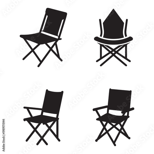 Four black directors chairs in different angles and positions on white background  folding chairs with fabric seats and backrests