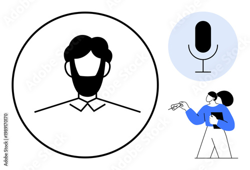 Identity, audio recording, communication, personal branding, podcasting, teamwork. Graphic showing a portrait in a circle, a microphone and a note-taking figure. Identity and audio recording