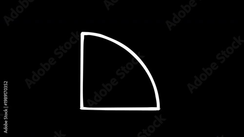 Hand-drawn white circle quadrant outline animation on black background