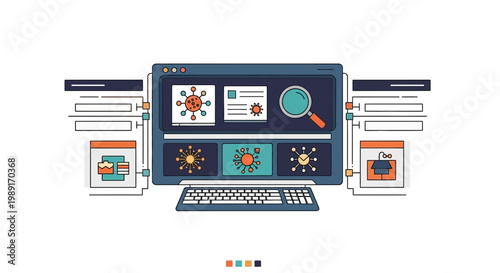 Computer screen analyzing virus particles vector illustration on white background