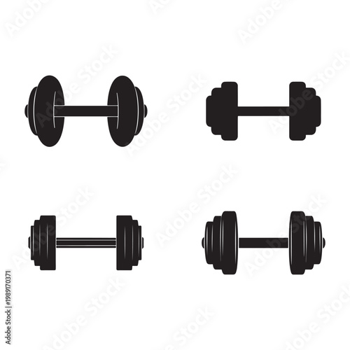 Four black dumbbells in different designs on white background for fitness and exercise concepts  various weights and shapes
