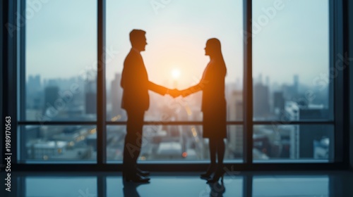 Business agreement concept showing blurred silhouette of business people shaking hands near large window in office building showing blurry cityscape.