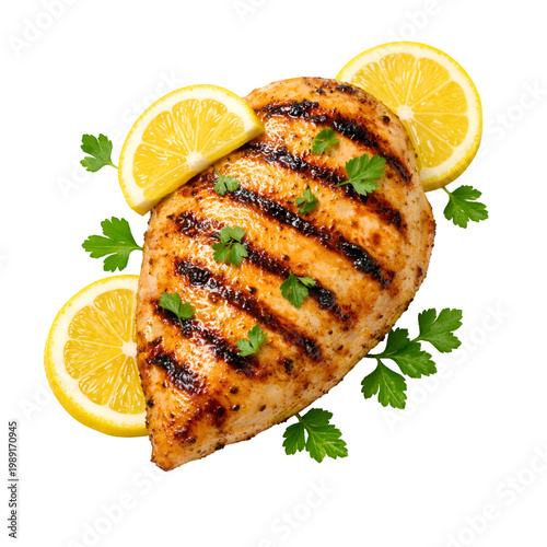 Grilled chicken breast with fresh lemon slices and parsley garnish isolated on transparent background. Healthy keto meal of succulent grilled chicken fillet with citrus and herbs, top view.