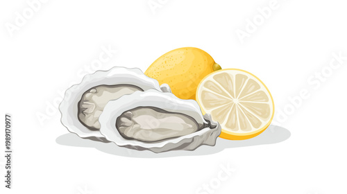 An illustration depicting oysters on the half-shell with fresh lemon slices, food concept