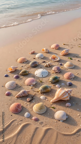 Assortment Of Seashells Scattered On Sandy Beach Shoreline With Gentle Waves Approaching