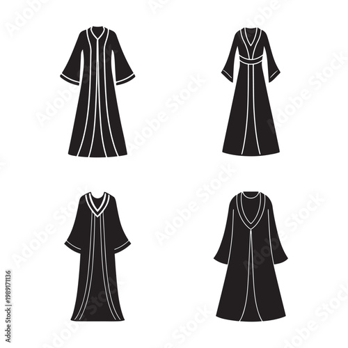Four black islamic robes with white trim on white background  traditional muslim clothing  cultural fashion  various styles