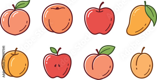 Hand Drawn Fruit Icon Set Featuring Apples, Peaches, Mango, and Apricot in Cute Cartoon Style for Food Design, Packaging, Menu, and Healthy Lifestyle Graphics
