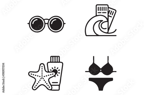 Summer vacation icons depicting sunglasses swimwear and sun protection