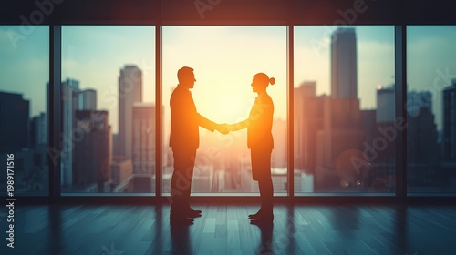 Business agreement concept showing blurred silhouette of business people shaking hands near large window in office building showing blurry cityscape.