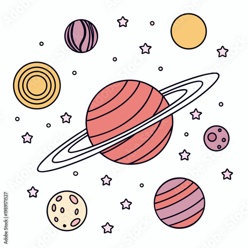 Colorful cartoon planets and rings in space