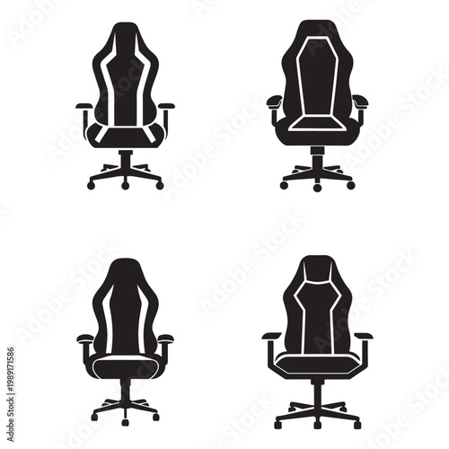 Four black office chairs with wheels in different angles and positions  office furniture  chair silhouettes