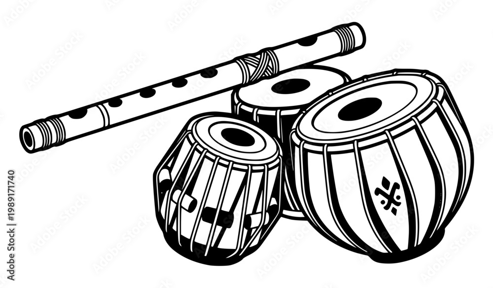 Αυτοκόλλητο Bold black and white flute and tabla vector illustration traditional Indian musi