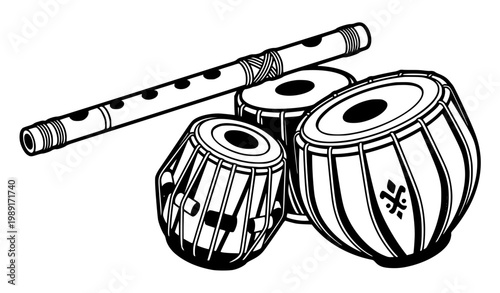 Fotografie Bold black and white flute and tabla vector illustration traditional Indian musi