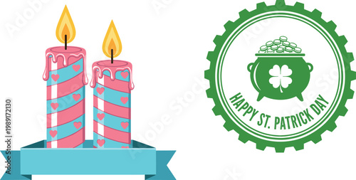Saint Patrick’s Day badge with pot of gold and clover and decorative birthday candles vector illustration festive holiday celebration elements