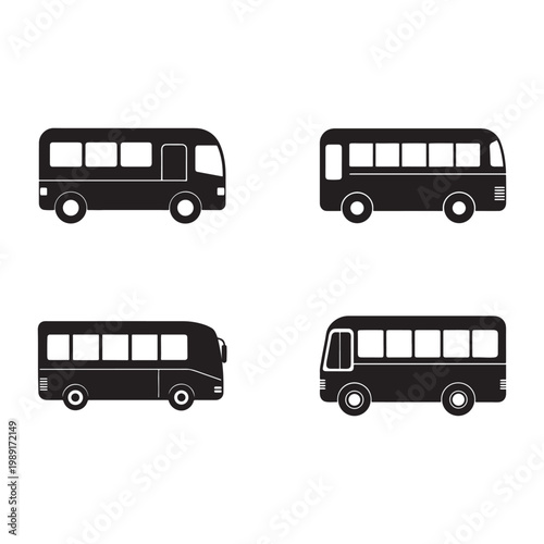 Four black silhouette buses in different views and positions on white background  public transportation vehicles