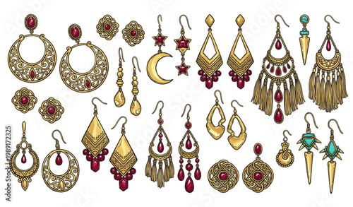 Hand drawn doodle women earrings vector set with gold jewelry and red gemstone accents isolated on white