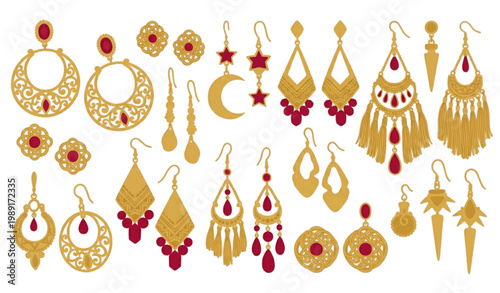 Gold earrings vector collection with red gemstones in circular layout elegant jewelry set isolated on white background