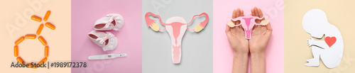 Fotografie Conceptual collage with pregnancy test and paper uterus on color background