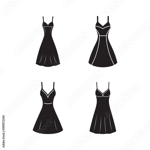Four black silhouette dresses with white outlines on white background  various styles and necklines