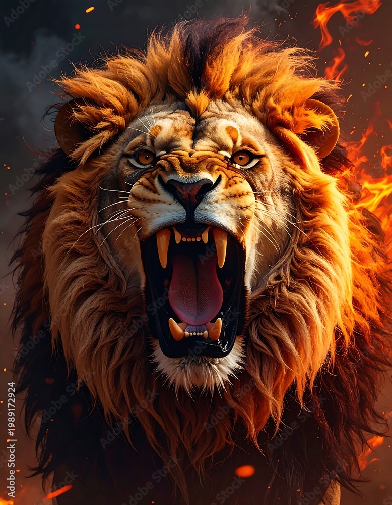Fototapeta Close-up of roaring lion against a backdrop of fire and dark smoke